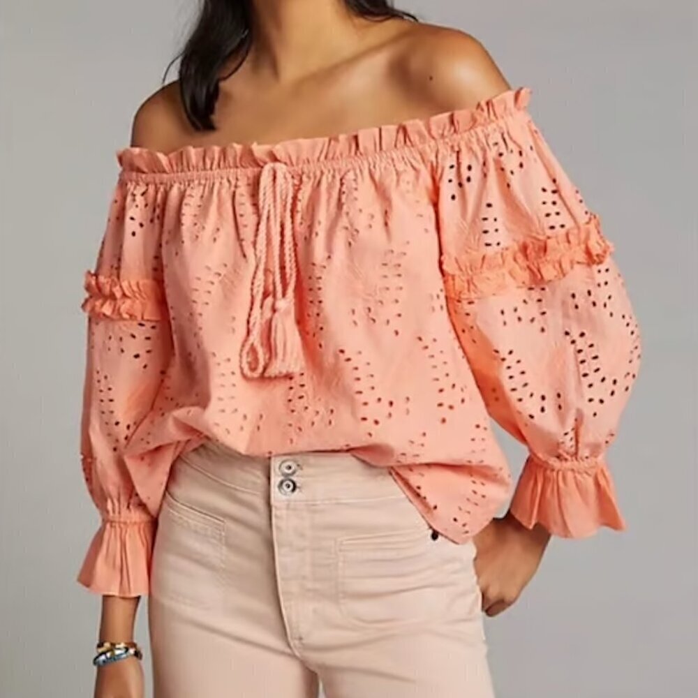Anthropologie Seen Worn Kept jane eyelet lace orange off the shoulder top size 2